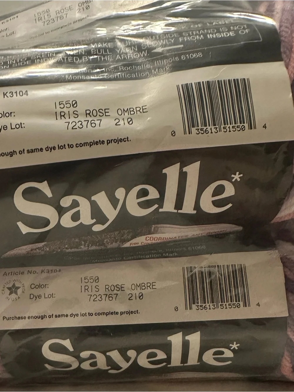 Sayelle Iris Rose Ombre 1550 Acrylic Yarn, 4-Ply Worsted 3 Skeins Same Dye Lot